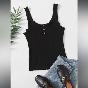 Black Ribbed Button Front Tank Top Fitted Stretch Basic Size Small